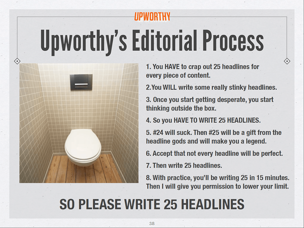 Upworthy: "Write 25 headlines"